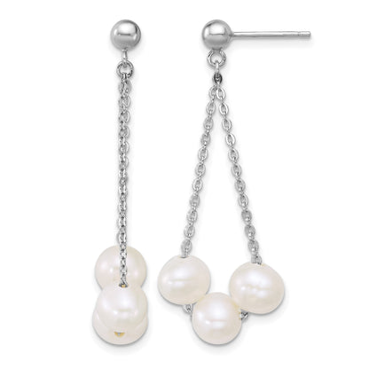 Sterling Silver Rhodium-plated 6-7mm Semi-Round White Freshwater Cultured 3-Pearl and Chain Dangle Post Earrings