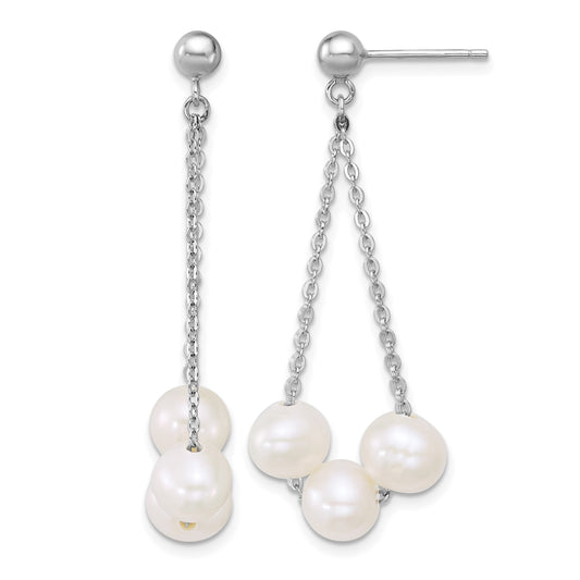 Sterling Silver Rhodium-plated 6-7mm Semi-Round White Freshwater Cultured 3-Pearl and Chain Dangle Post Earrings