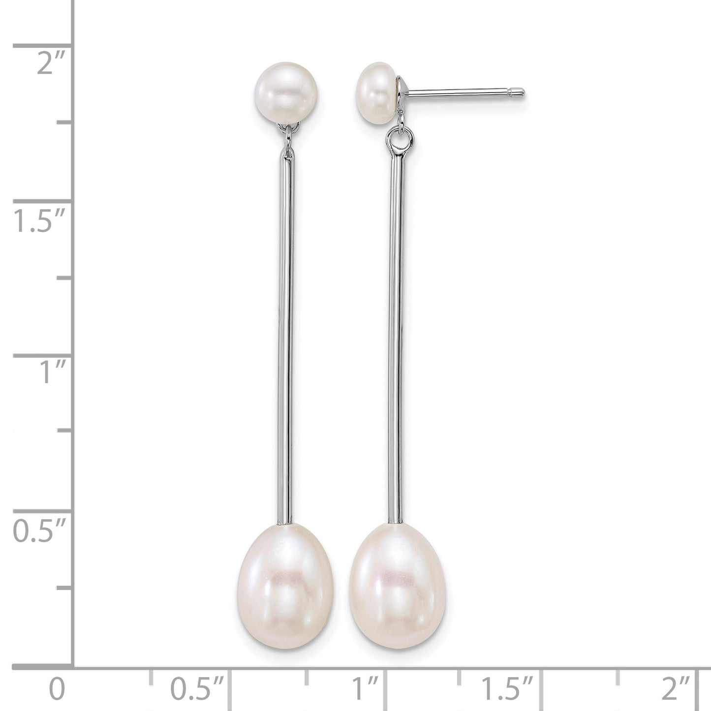 Sterling Silver Rhodium-plated 5-6mm Button and 7-8mm Teardrop White Freshwater Cultured Pearl and Bar Dangle Post Earrings