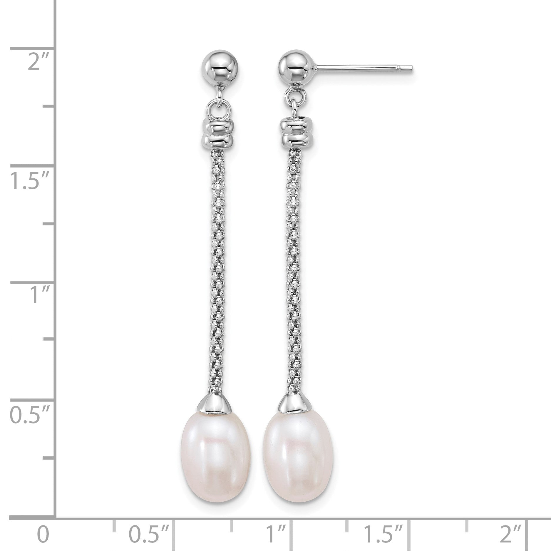 Sterling Silver Rhodium-plated 7-8mm Rice White Freshwater Cultured Pearl and Chain Dangle Post Earrings