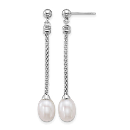 Sterling Silver Rhodium-plated 7-8mm Rice White Freshwater Cultured Pearl and Chain Dangle Post Earrings