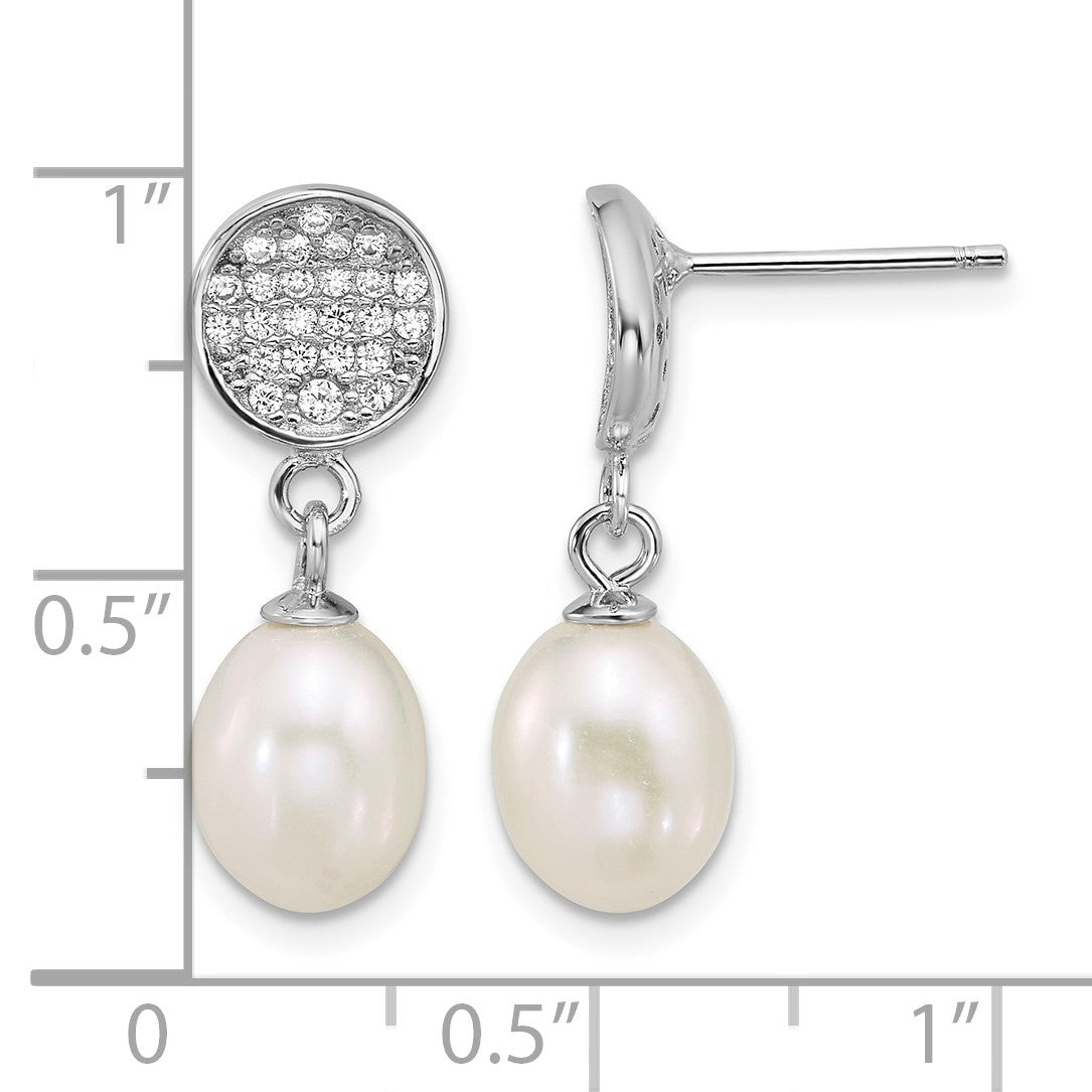 Sterling Silver Rhodium-plated 6-8mm Teardrop White Freshwater Cultured Pearl and Pave CZ Dangle Post Earrings