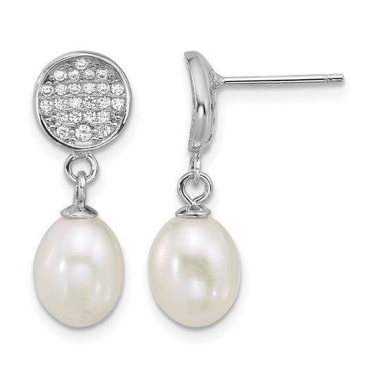 Sterling Silver Rhodium-plated 6-8mm Teardrop White Freshwater Cultured Pearl and Pave CZ Dangle Post Earrings