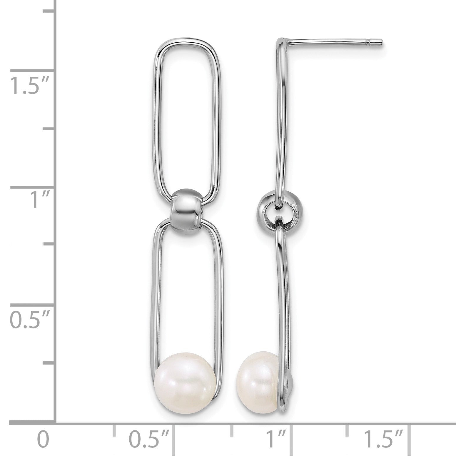 Sterling Silver Rhodium-plated 6-7mm Button White Freshwater Cultured Pearl and Long Link Dangle Post Earrings