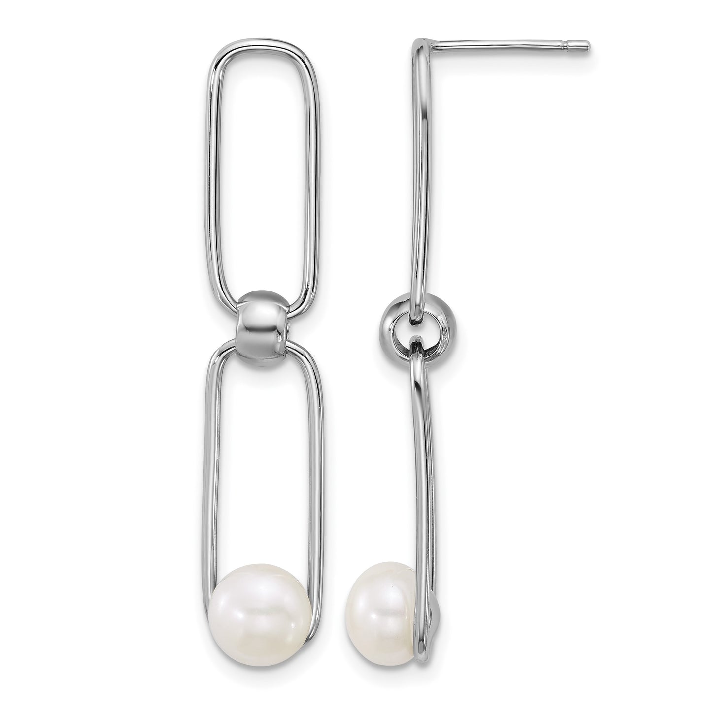 Sterling Silver Rhodium-plated 6-7mm Button White Freshwater Cultured Pearl and Long Link Dangle Post Earrings