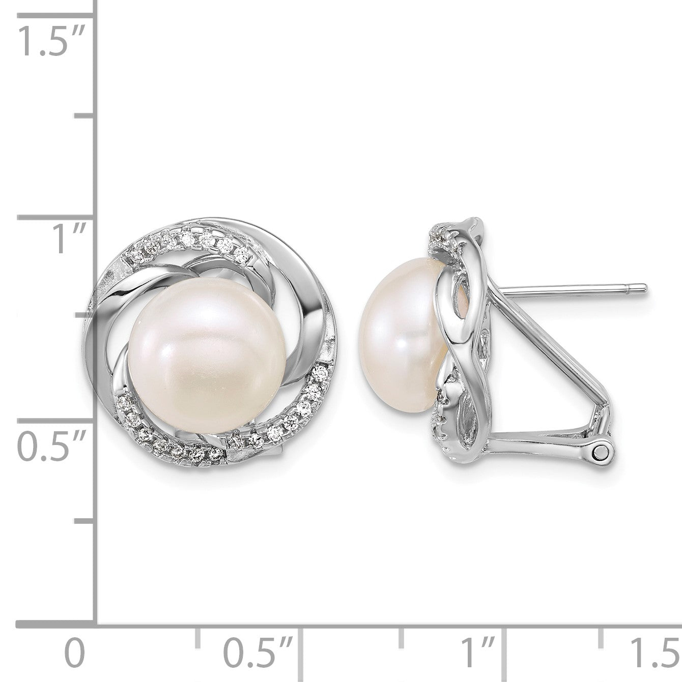Sterling Silver Rhodium-plated 9-10mm Button White Freshwater Cultured Pearl and CZ Omega Back Earrings