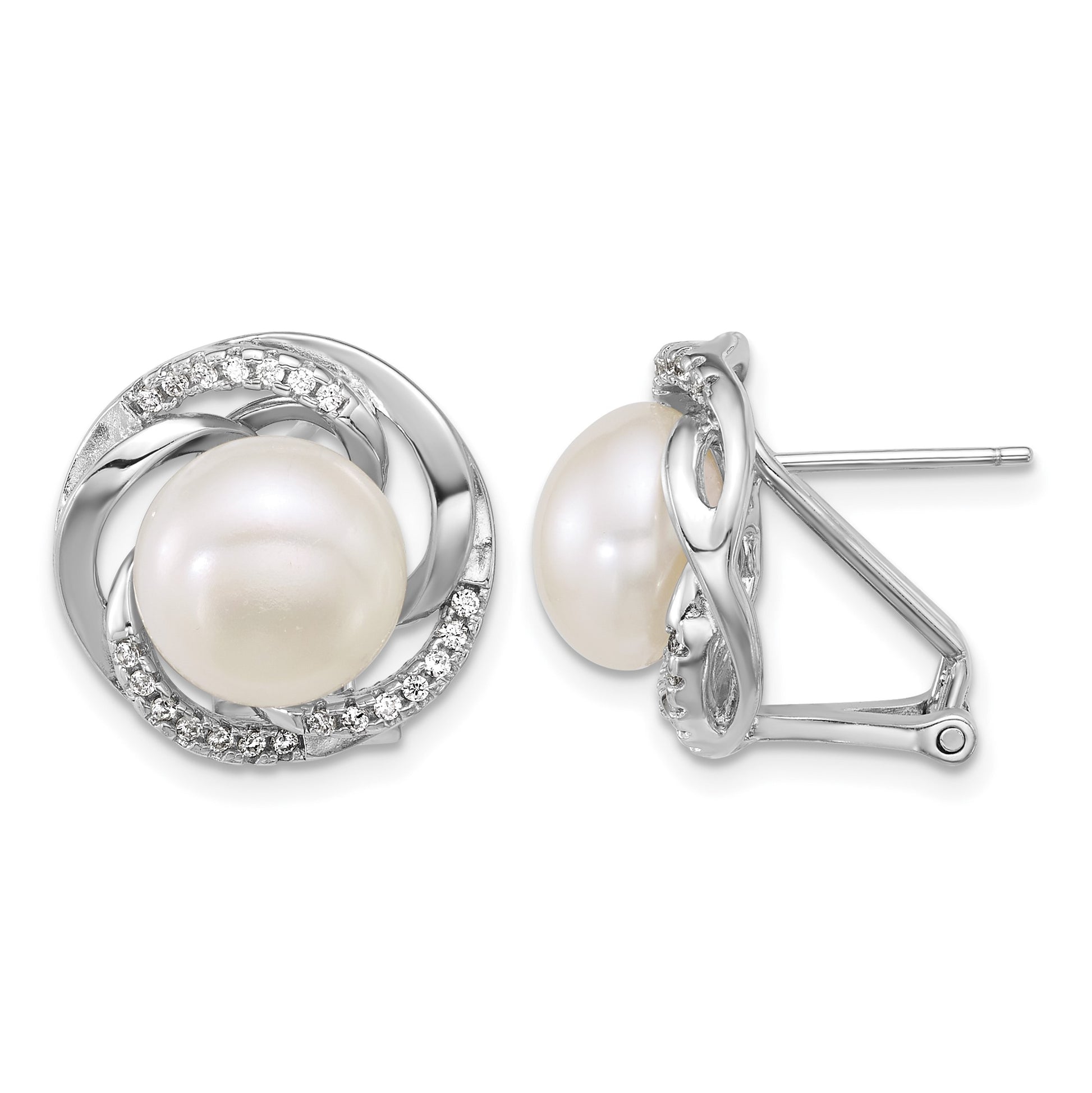 Sterling Silver Rhodium-plated 9-10mm Button White Freshwater Cultured Pearl and CZ Omega Back Earrings