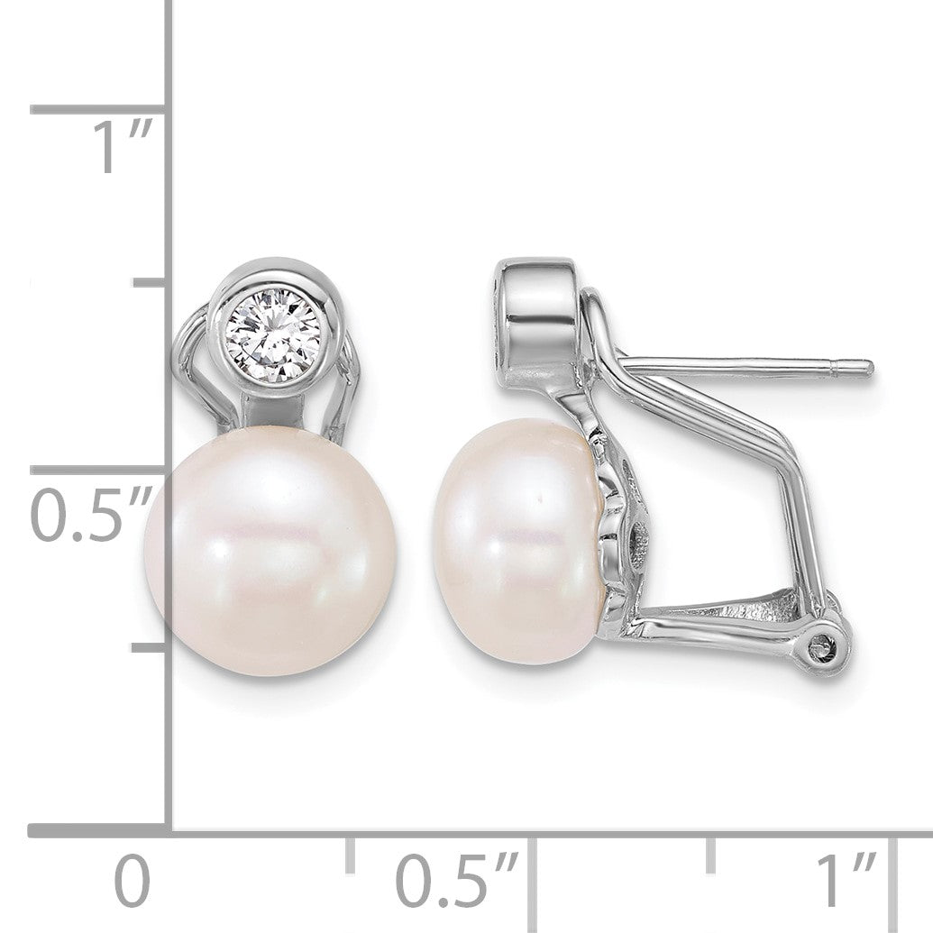 Sterling Silver Rhodium-plated 8-9mm Button White Freshwater Cultured Pearl and CZ Omega Back Earrings