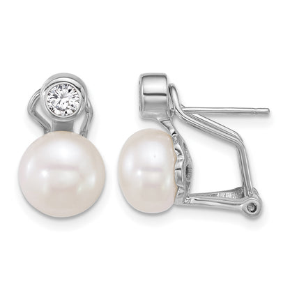 Sterling Silver Rhodium-plated 8-9mm Button White Freshwater Cultured Pearl and CZ Omega Back Earrings
