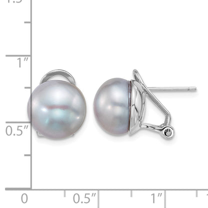 Sterling Silver Rhodium-plated 11-12mm Button Grey Freshwater Cultured Pearl Omega Back Earrings