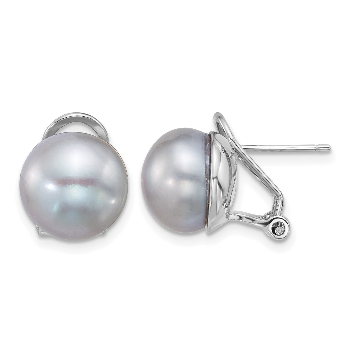 Sterling Silver Rhodium-plated 11-12mm Button Grey Freshwater Cultured Pearl Omega Back Earrings