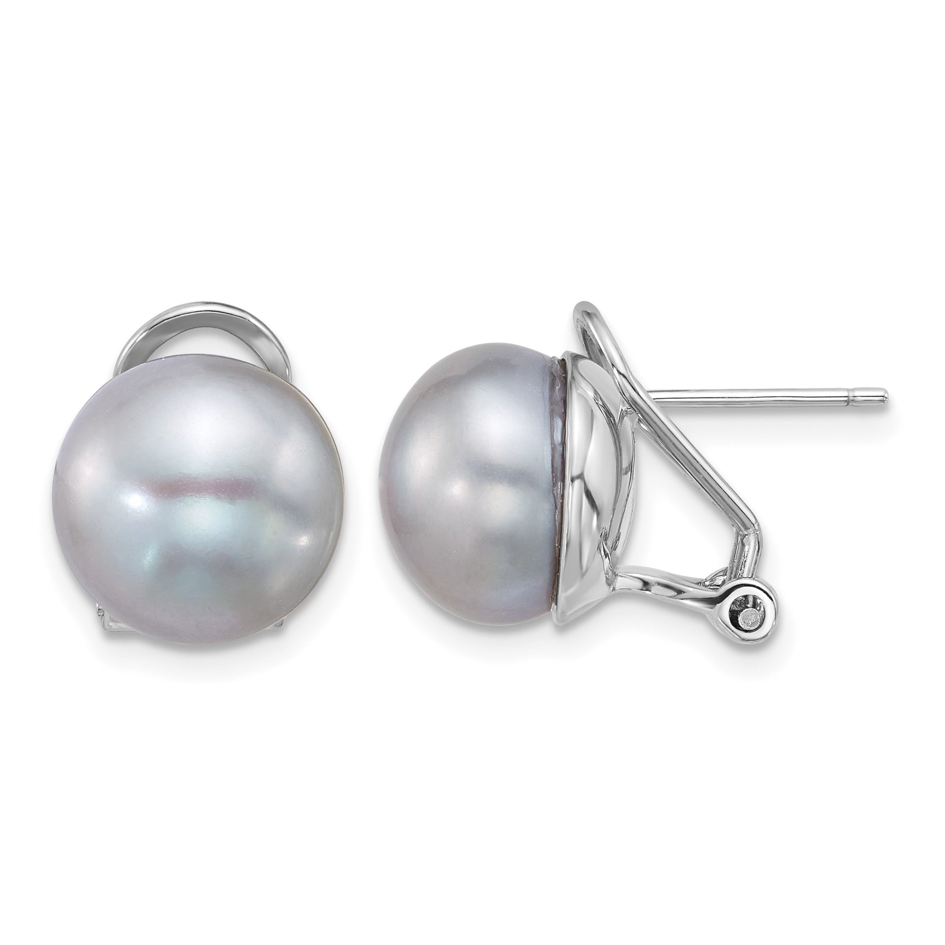 Sterling Silver Rhodium-plated 11-12mm Button Grey Freshwater Cultured Pearl Omega Back Earrings