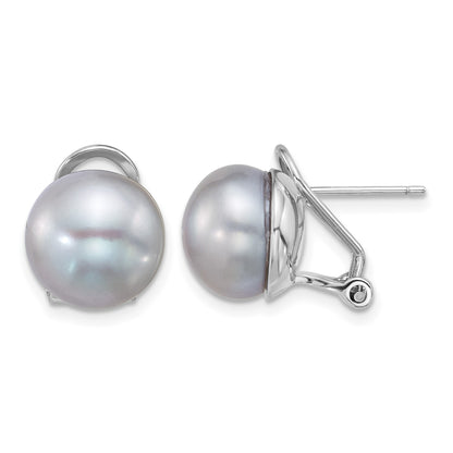 Sterling Silver Rhodium-plated 11-12mm Button Grey Freshwater Cultured Pearl Omega Back Earrings