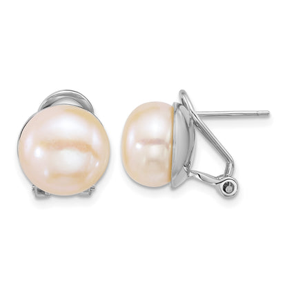 Sterling Silver Rhodium-plated 11-12mm Button Pink Freshwater Cultured Pearl Omega Back Earrings