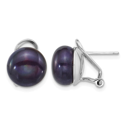 Sterling Silver Rhodium-plated 11-12mm Button Black Freshwater Cultured Pearl Omega Back Earrings