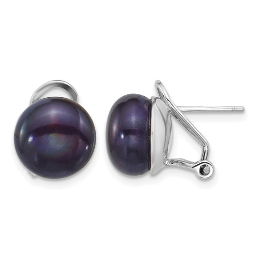 Sterling Silver Rhodium-plated 11-12mm Button Black Freshwater Cultured Pearl Omega Back Earrings