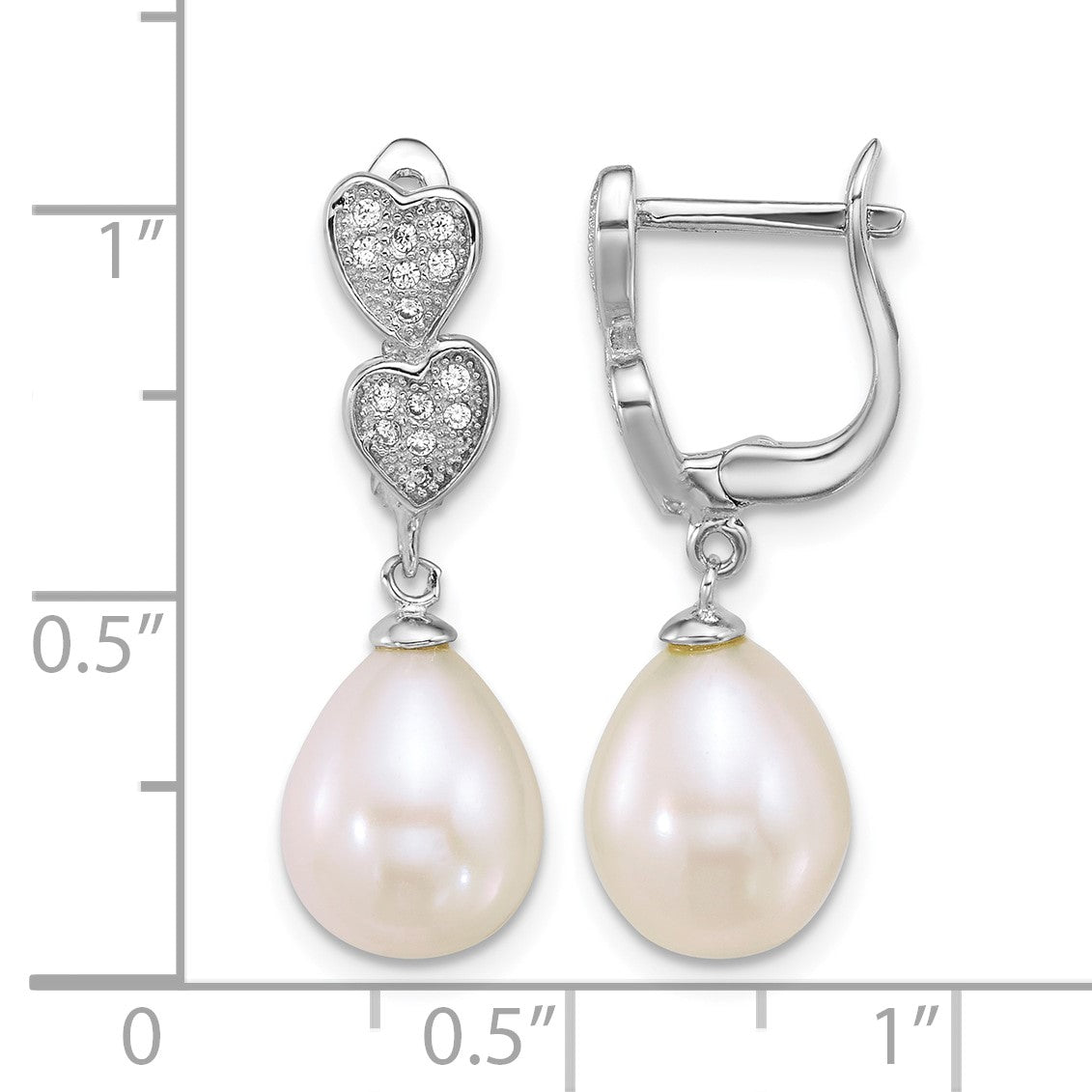 Sterling Silver Rhodium-plated 7-9mm Teardrop White Freshwater Cultured Pearl and CZ Hearts Dangle Earrings