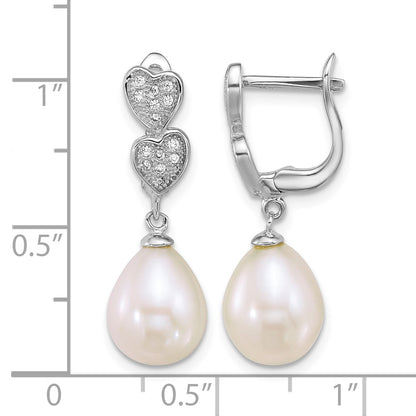 Sterling Silver Rhodium-plated 7-9mm Teardrop White Freshwater Cultured Pearl and CZ Hearts Dangle Earrings