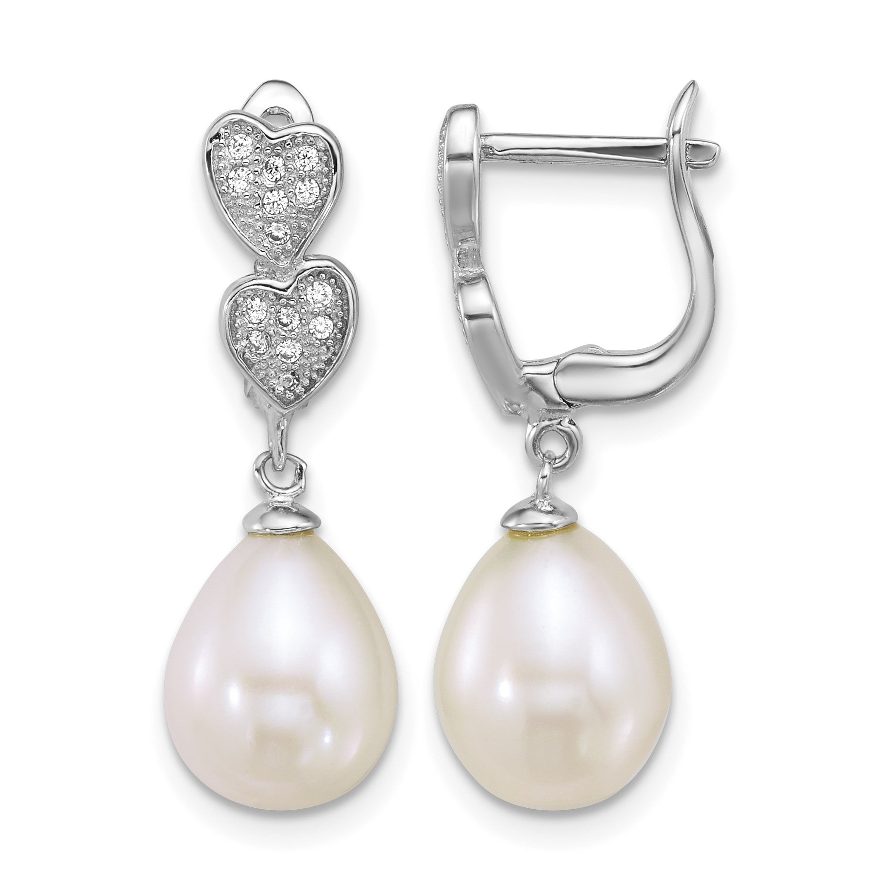 Sterling Silver Rhodium-plated 7-9mm Teardrop White Freshwater Cultured Pearl and CZ Hearts Dangle Earrings