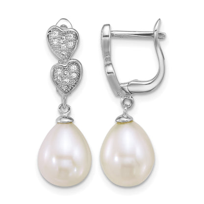 Sterling Silver Rhodium-plated 7-9mm Teardrop White Freshwater Cultured Pearl and CZ Hearts Dangle Earrings