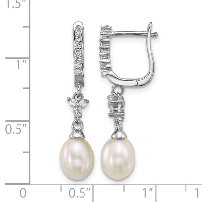 Sterling Silver Rhodium-plated 6-7mm Teardrop White Freshwater Cultured Pearl and CZ Dangle Hoop Earrings