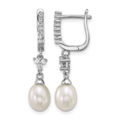 Sterling Silver Rhodium-plated 6-7mm Teardrop White Freshwater Cultured Pearl and CZ Dangle Hoop Earrings