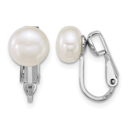 Sterling Silver Rhodium-plated 7-8mm Button White Freshwater Cultured Pearl Non-Pierced Earrings