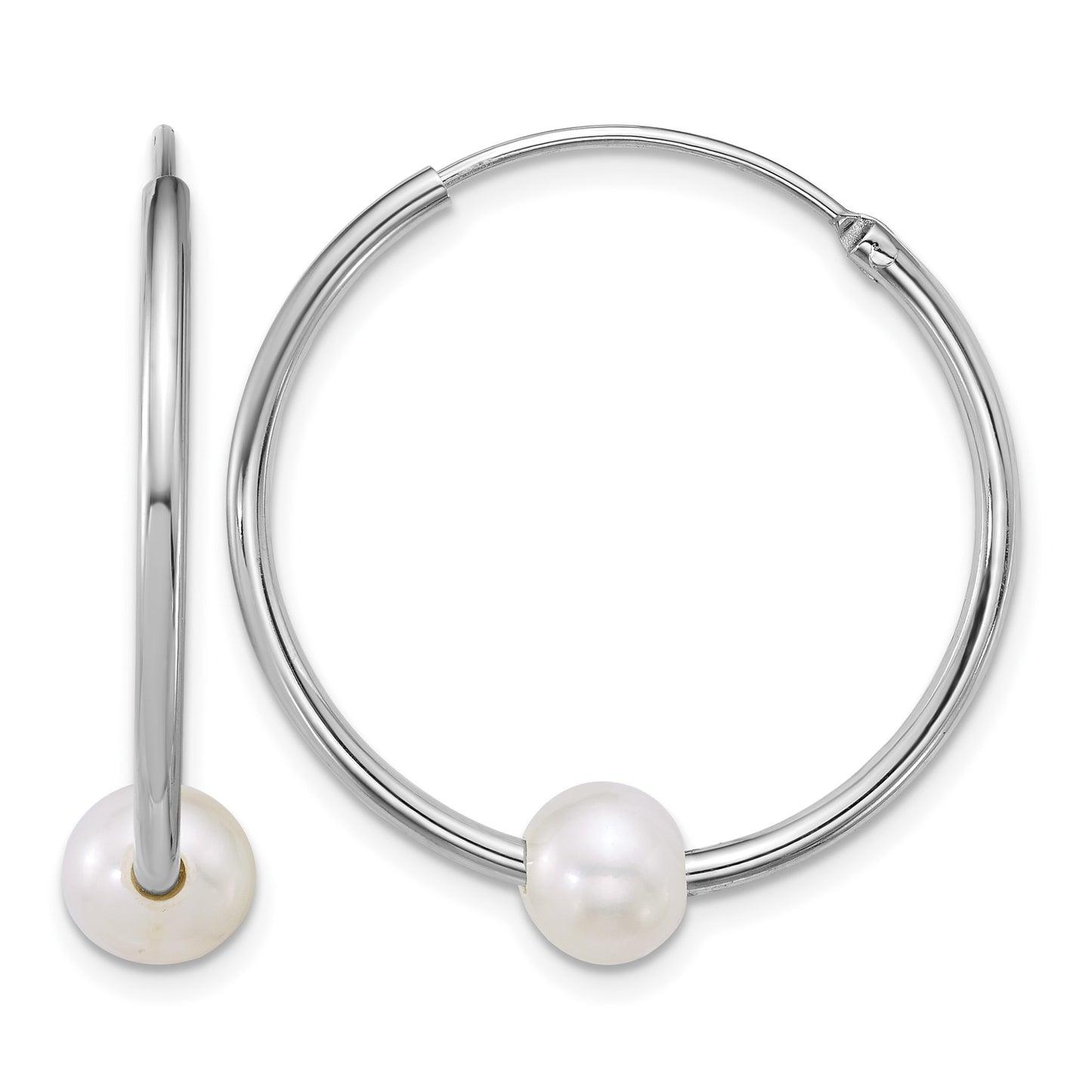 Sterling Silver Rhodium-plated 7-8mm Semi-Round White Freshwater Cultured Pearl 30mm Endless Hoop Earrings
