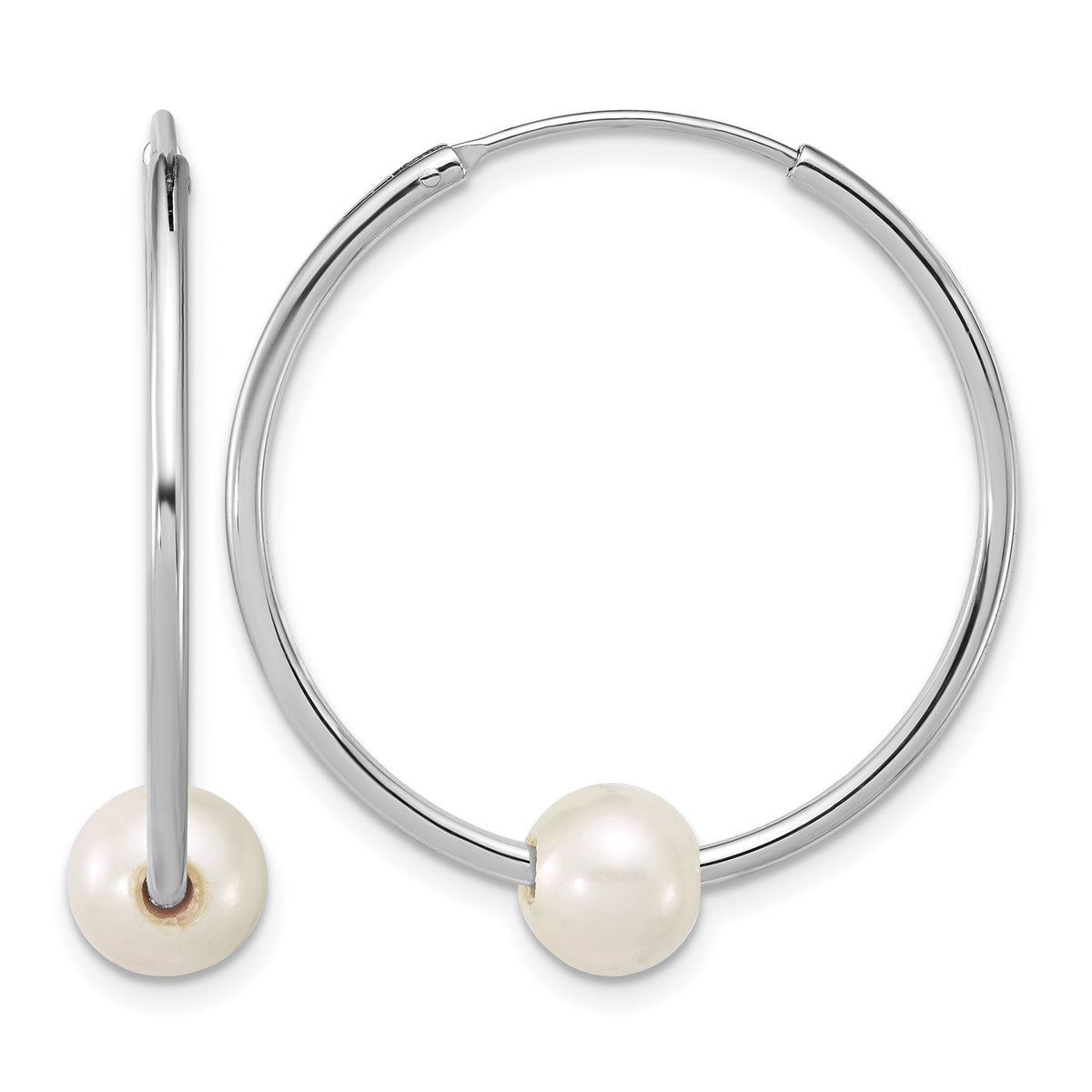 Sterling Silver Rhodium-plated 7-8mm Semi-Round White Freshwater Cultured Pearl 32mm Endless Hoop Earrings