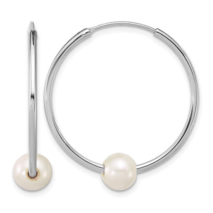 Sterling Silver Rhodium-plated 7-8mm Semi-Round White Freshwater Cultured Pearl 32mm Endless Hoop Earrings