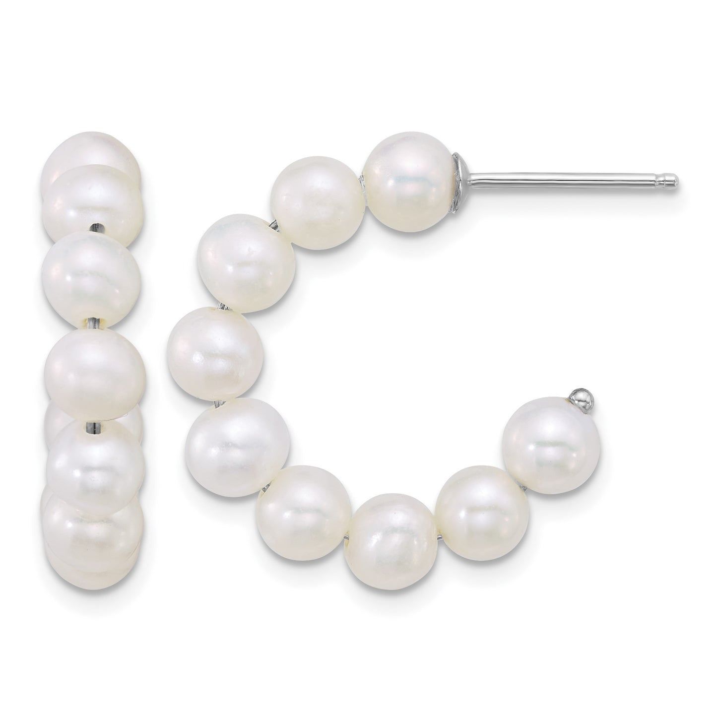 Sterling Silver Rhodium-plated 5-6mm Semi-Round White Freshwater Cultured Pearl C-Hoop Post Earrings