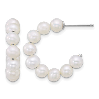 Sterling Silver Rhodium-plated 5-6mm Semi-Round White Freshwater Cultured Pearl C-Hoop Post Earrings