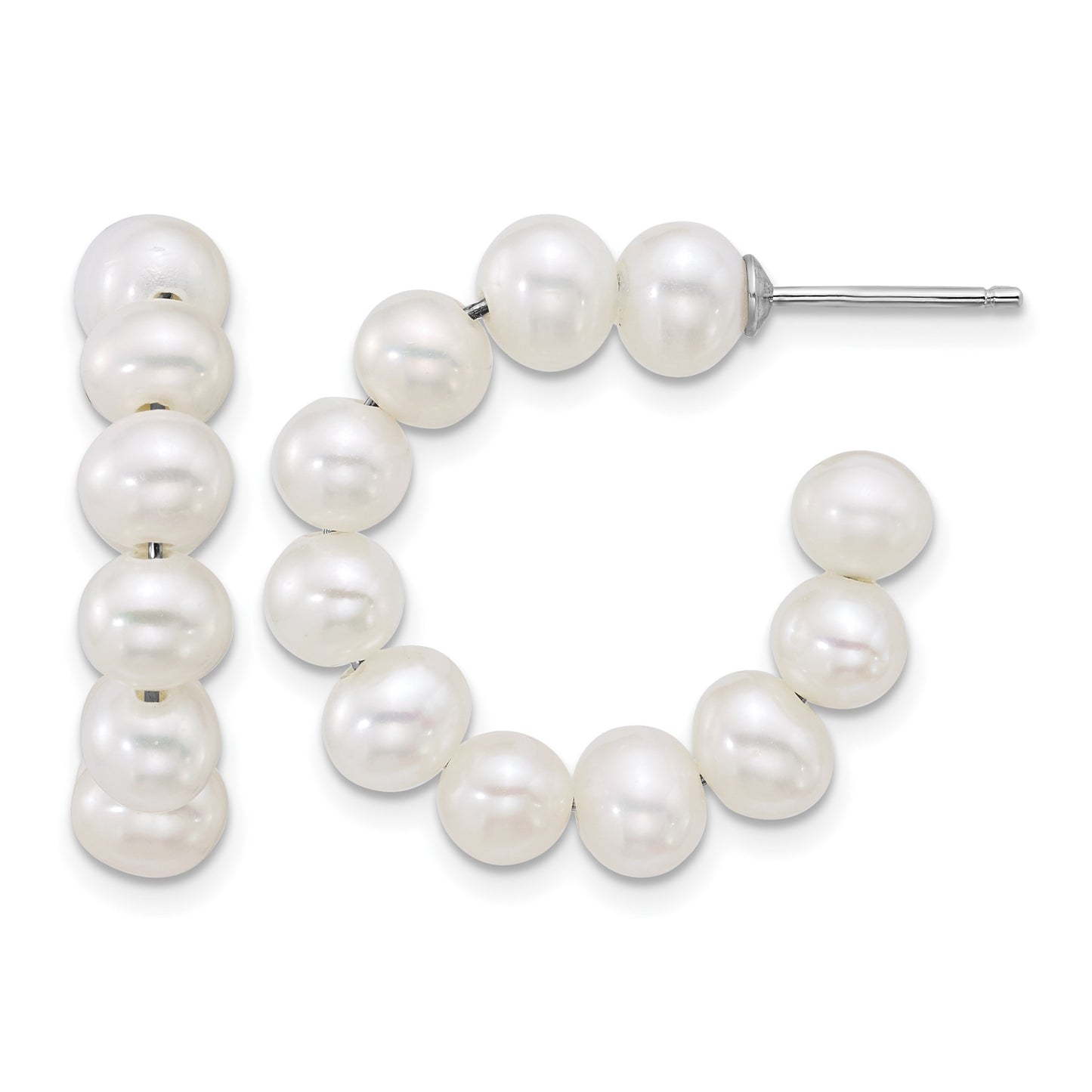 Sterling Silver Rhodium-plated 5-6mm Semi-Round White Freshwater Cultured Pearl C-Hoop Post Earrings