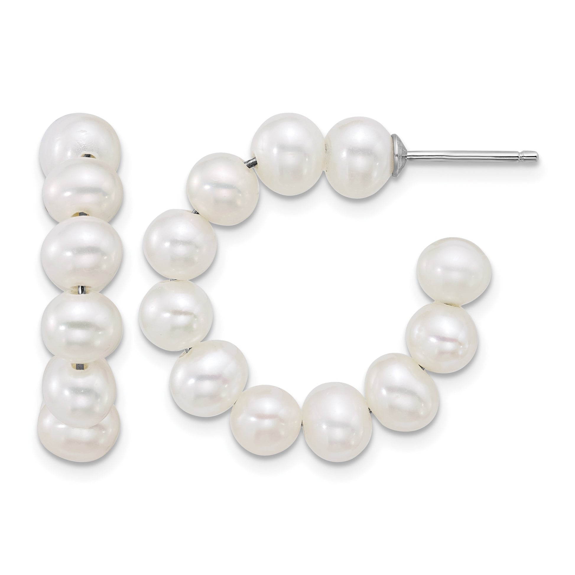 Sterling Silver Rhodium-plated 5-6mm Semi-Round White Freshwater Cultured Pearl C-Hoop Post Earrings