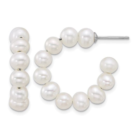 Sterling Silver Rhodium-plated 5-6mm Semi-Round White Freshwater Cultured Pearl C-Hoop Post Earrings