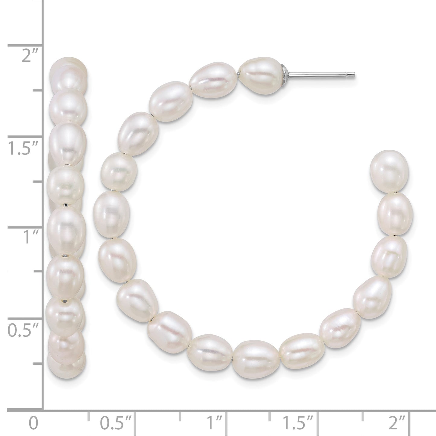 Sterling Silver Rhodium-plated 5-6mm Rice White Freshwater Cultured Pearl C-Hoop Post Earrings