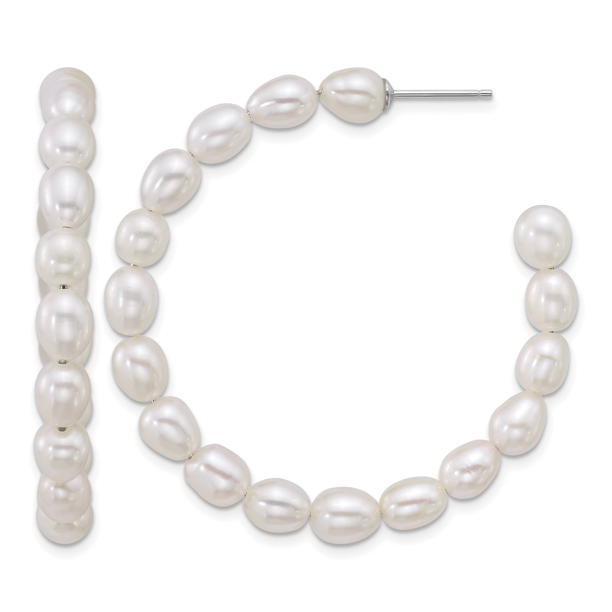 Sterling Silver Rhodium-plated 5-6mm Rice White Freshwater Cultured Pearl C-Hoop Post Earrings