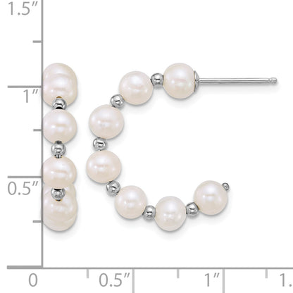 Sterling Silver Rhodium-plated 4-5mm Round White Freshwater Cultured Pearl and Bead C-Hoop Post Earrings
