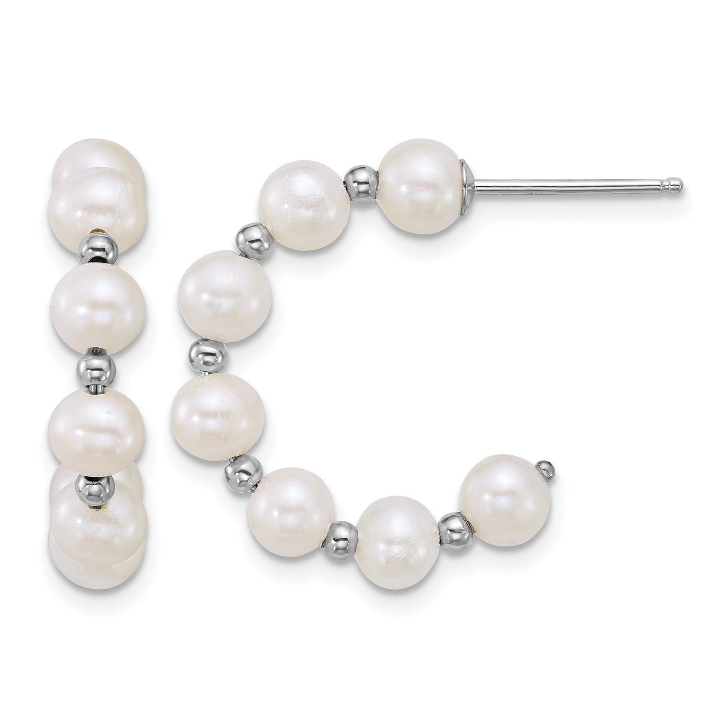Sterling Silver Rhodium-plated 4-5mm Round White Freshwater Cultured Pearl and Bead C-Hoop Post Earrings