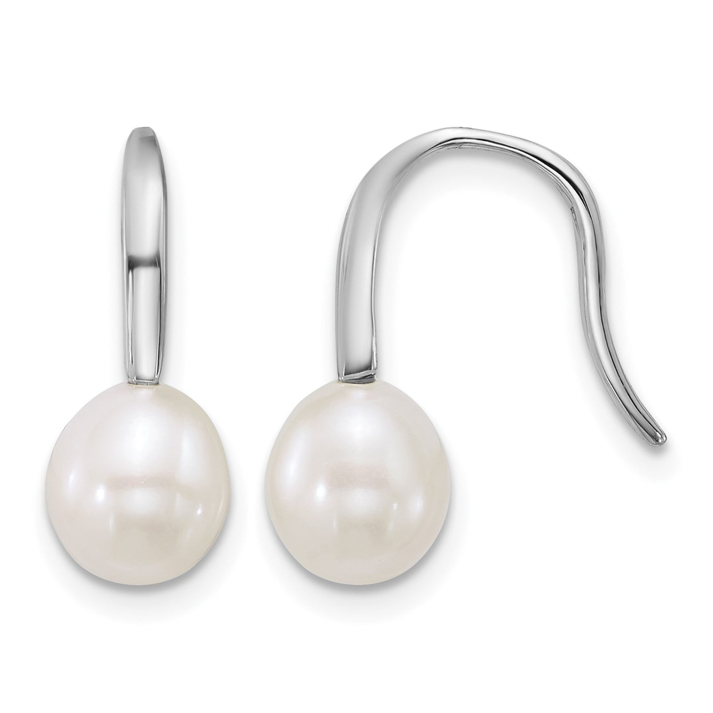 Sterling Silver Rhodium-plated 7-8mm Teardrop White Freshwater Cultured Pearl Dangle Shepherd Hook Earrings