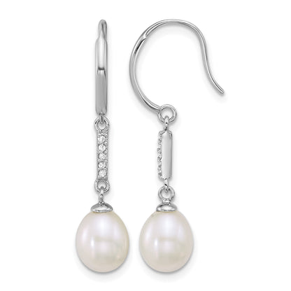Sterling Silver Rhodium-plated 6-8mm Teardrop White Freshwater Cultured Pearl and CZ Dangle Shepherd Hook Earrings