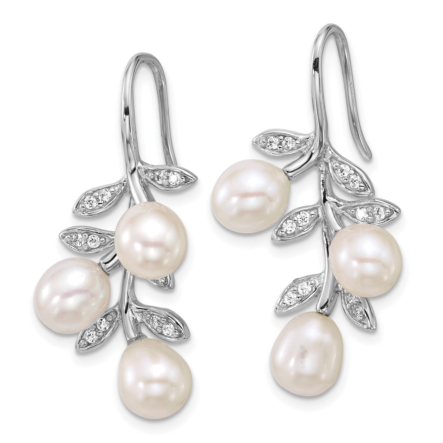 Sterling Silver Rhodium-plated 6-8mm Rice White Freshwater Cultured Pearland  CZ Leaf Dangle Shepherd Hook Earrings