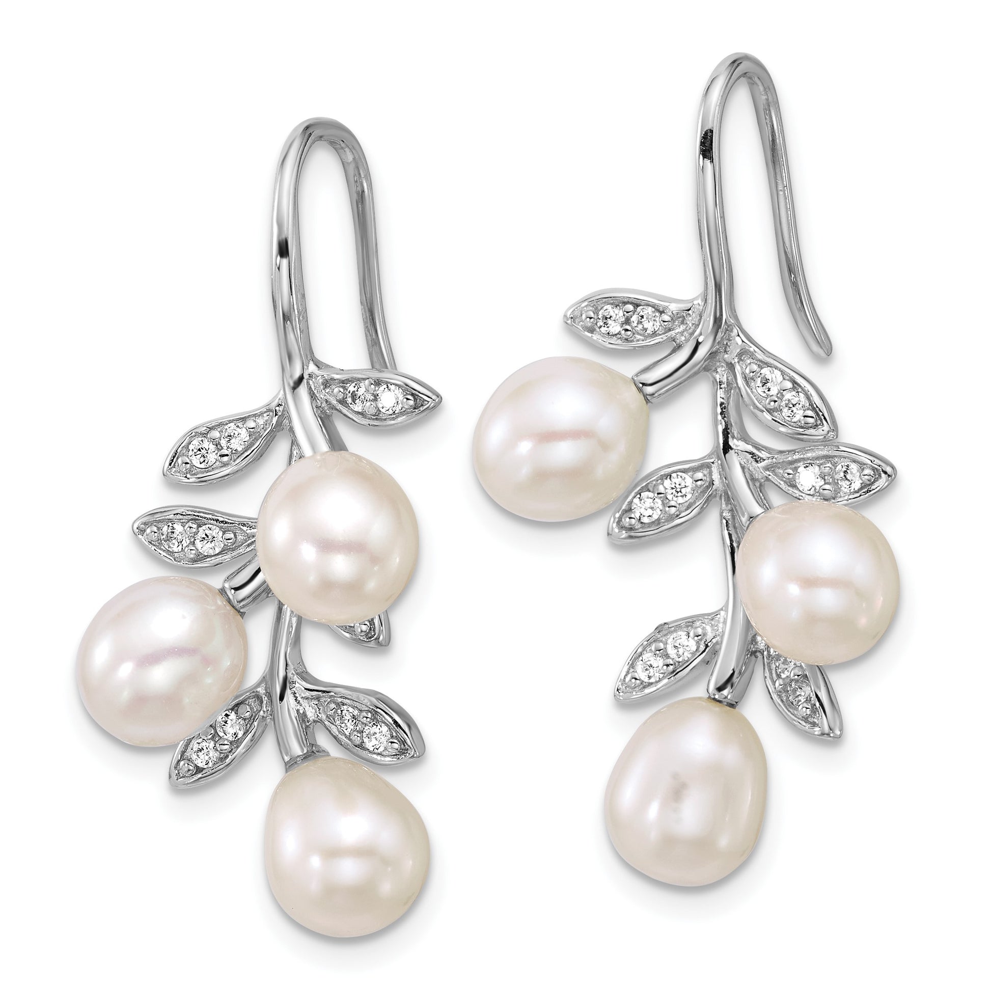 Sterling Silver Rhodium-plated 6-8mm Rice White Freshwater Cultured Pearland  CZ Leaf Dangle Shepherd Hook Earrings