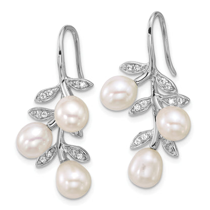 Sterling Silver Rhodium-plated 6-8mm Rice White Freshwater Cultured Pearland  CZ Leaf Dangle Shepherd Hook Earrings
