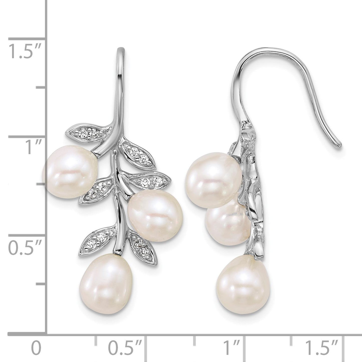 Sterling Silver Rhodium-plated 6-8mm Rice White Freshwater Cultured Pearland  CZ Leaf Dangle Shepherd Hook Earrings