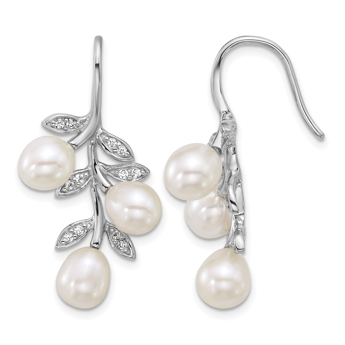 Sterling Silver Rhodium-plated 6-8mm Rice White Freshwater Cultured Pearland  CZ Leaf Dangle Shepherd Hook Earrings