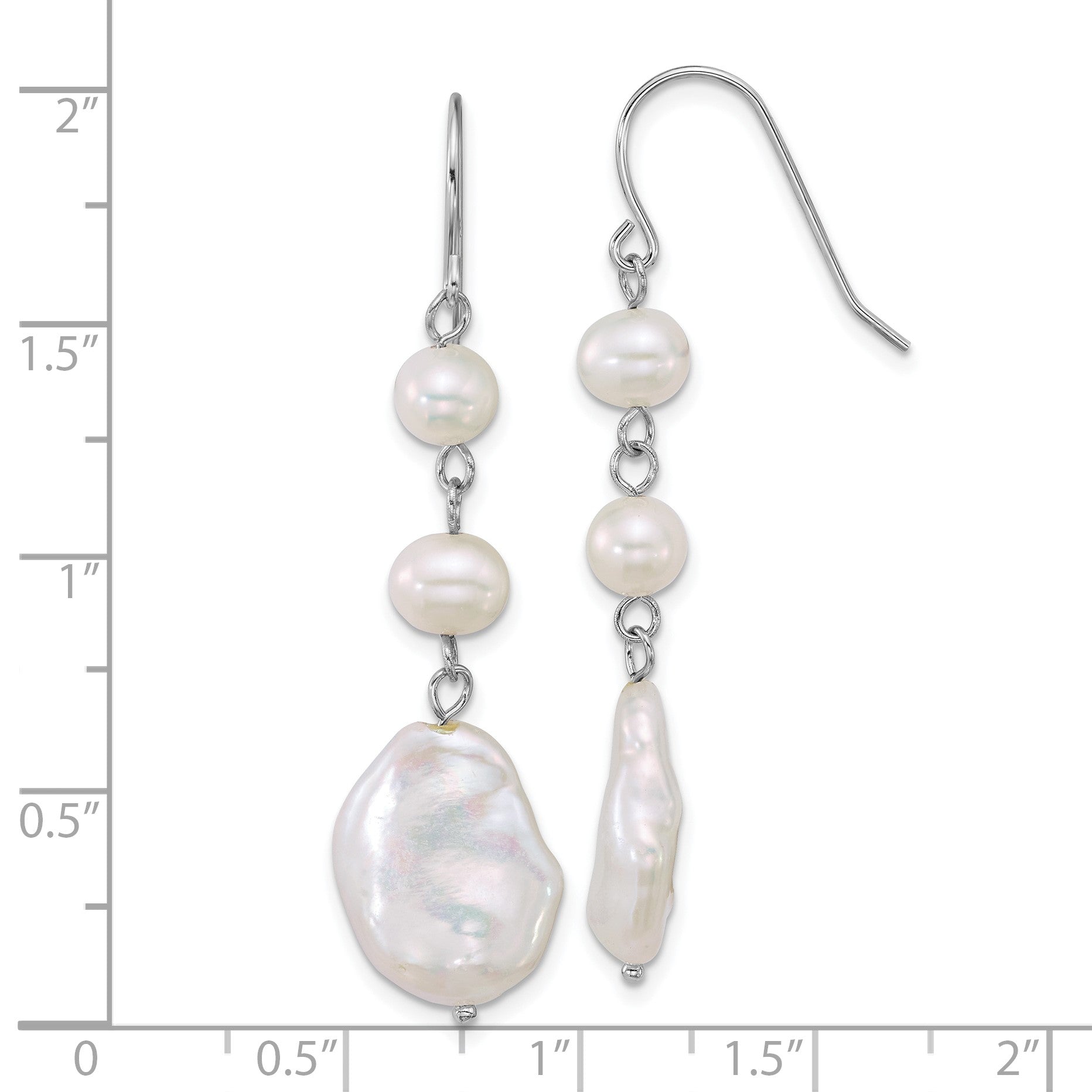 Sterling Silver Rhodium-plated 6-7mm Round and 11-12mm Keshi White Freshwater Cultured Pearl Dangle Shepherd Hook Earrings