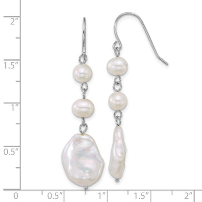 Sterling Silver Rhodium-plated 6-7mm Round and 11-12mm Keshi White Freshwater Cultured Pearl Dangle Shepherd Hook Earrings