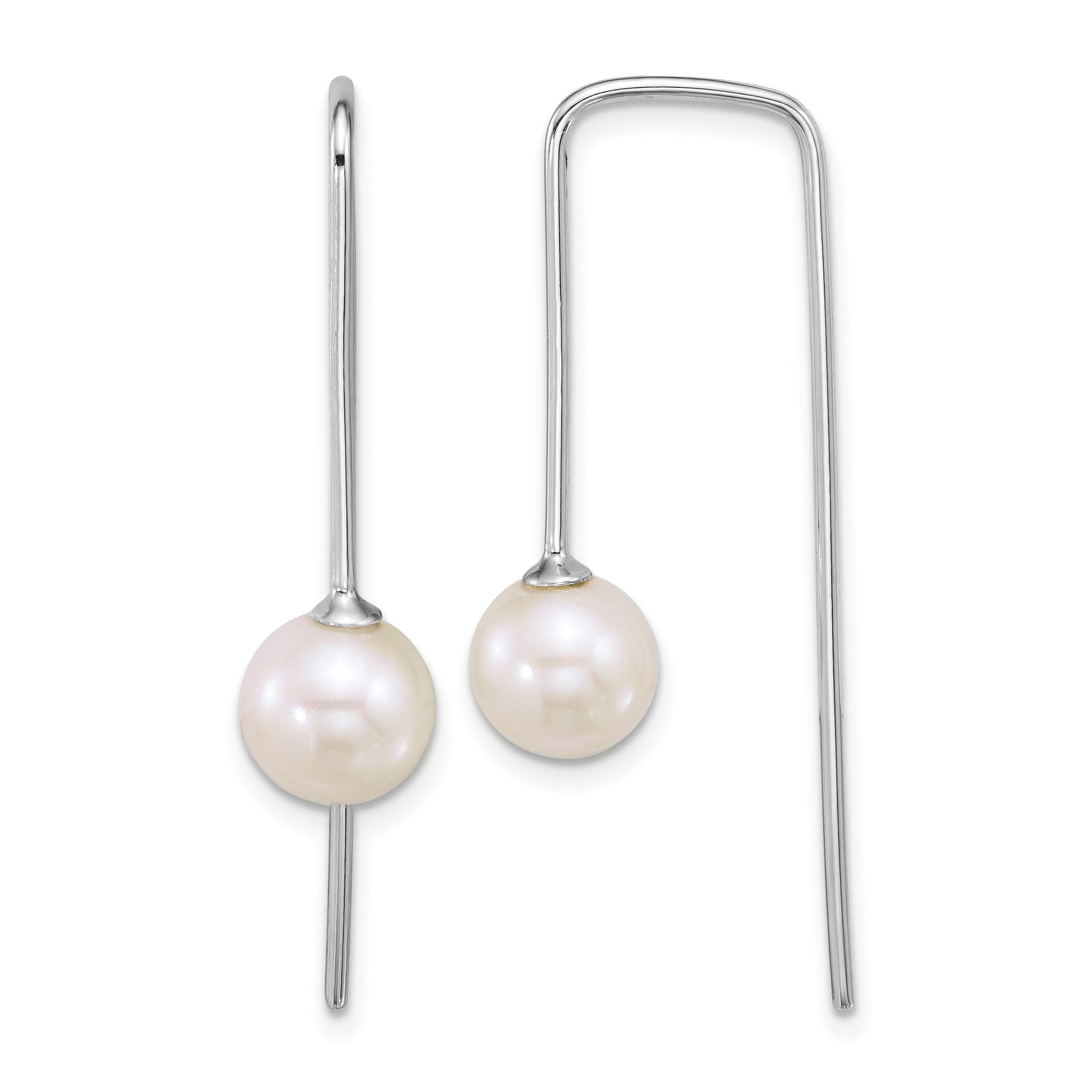 Sterling Silver Rhodium-plated 7-8mm Round White Freshwater Cultured Pearl Squared Threader Earrings