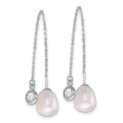 Sterling Silver Rhodium-plated 6-8mm Teardrop White Freshwater Cultured Pearl and Glass Stone Threader Earrings